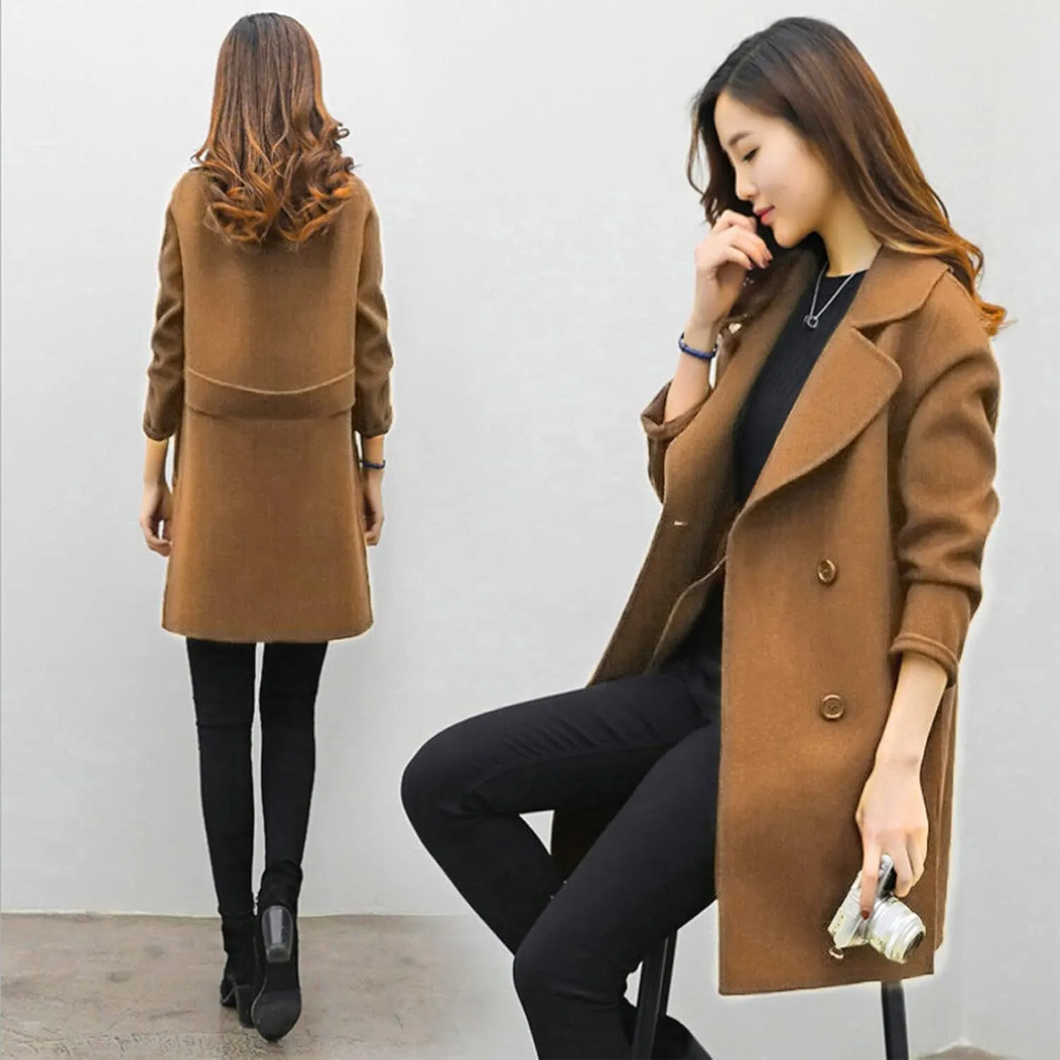 Trench Coat for Women 2024 Winter Warm Wool Blend Pea Coats Lapel Collar Double Breasted Over Coats Long Jackets