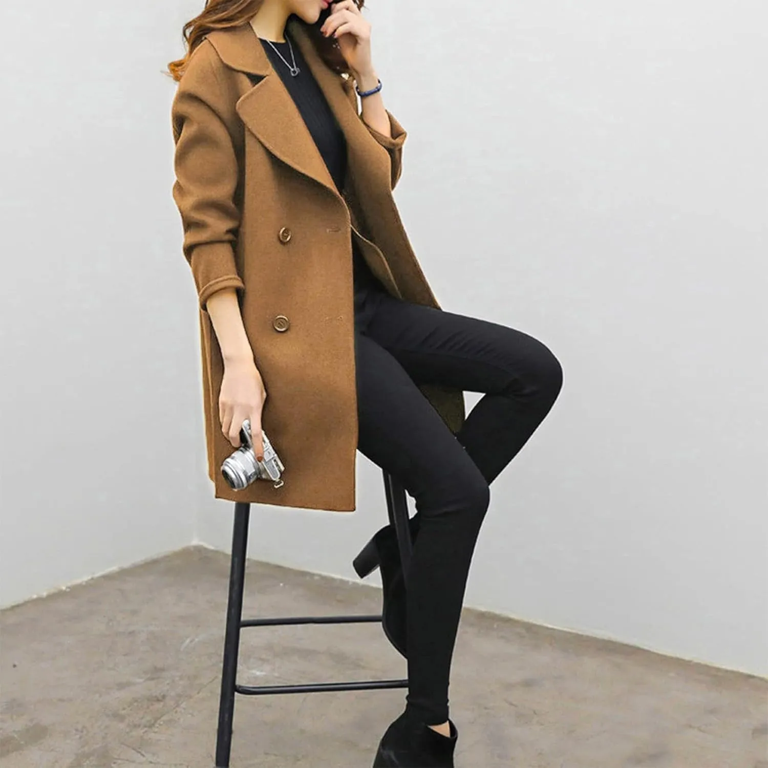 Trench Coat for Women 2024 Winter Warm Wool Blend Pea Coats Lapel Collar Double Breasted Over Coats Long Jackets