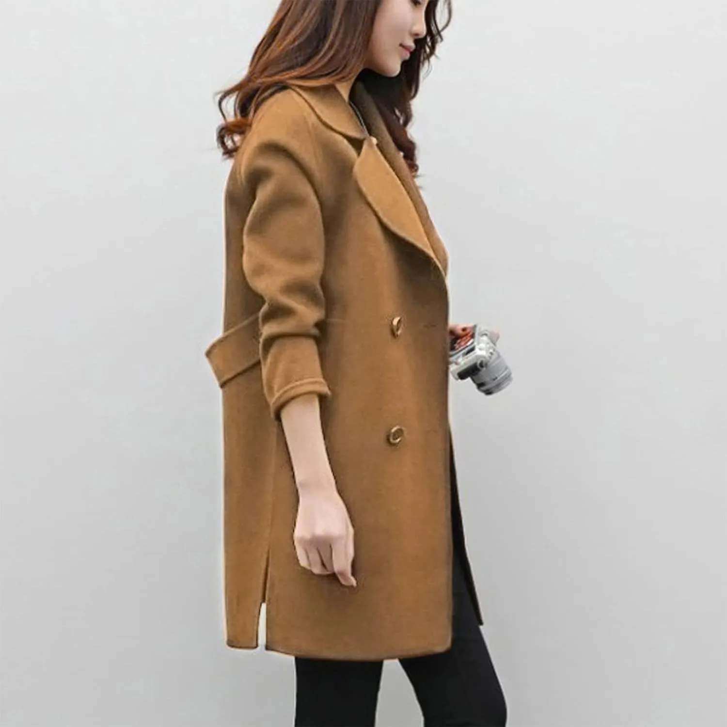 Trench Coat for Women 2024 Winter Warm Wool Blend Pea Coats Lapel Collar Double Breasted Over Coats Long Jackets