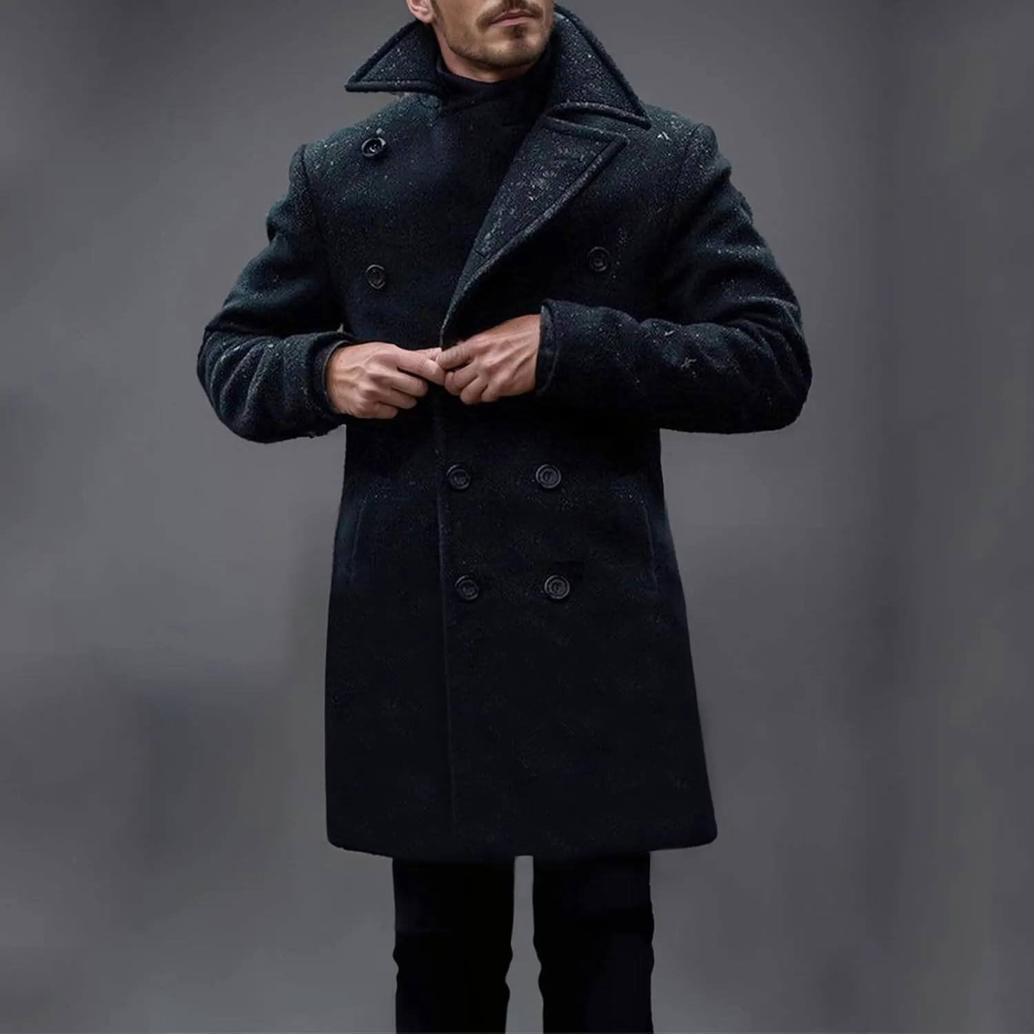 Trench Coat Men Business Trench Coat Mid Length Peacoat Notch Collar Jackets Button Down Open Front Cardigan