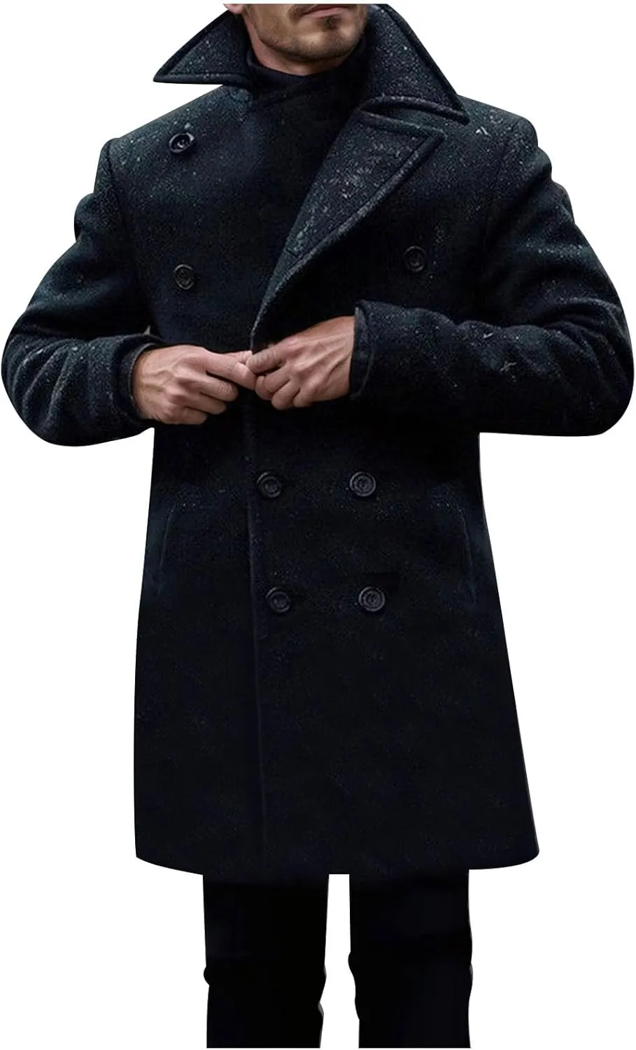 Trench Coat Men Business Trench Coat Mid Length Peacoat Notch Collar Jackets Button Down Open Front Cardigan
