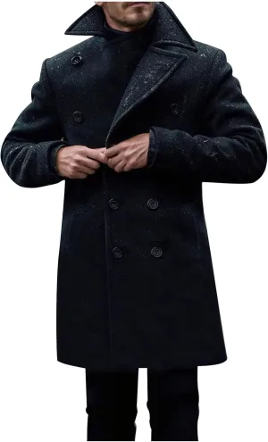 Trench Coat Men Business Trench Coat Mid Length Peacoat Notch Collar Jackets Button Down Open Front Cardigan