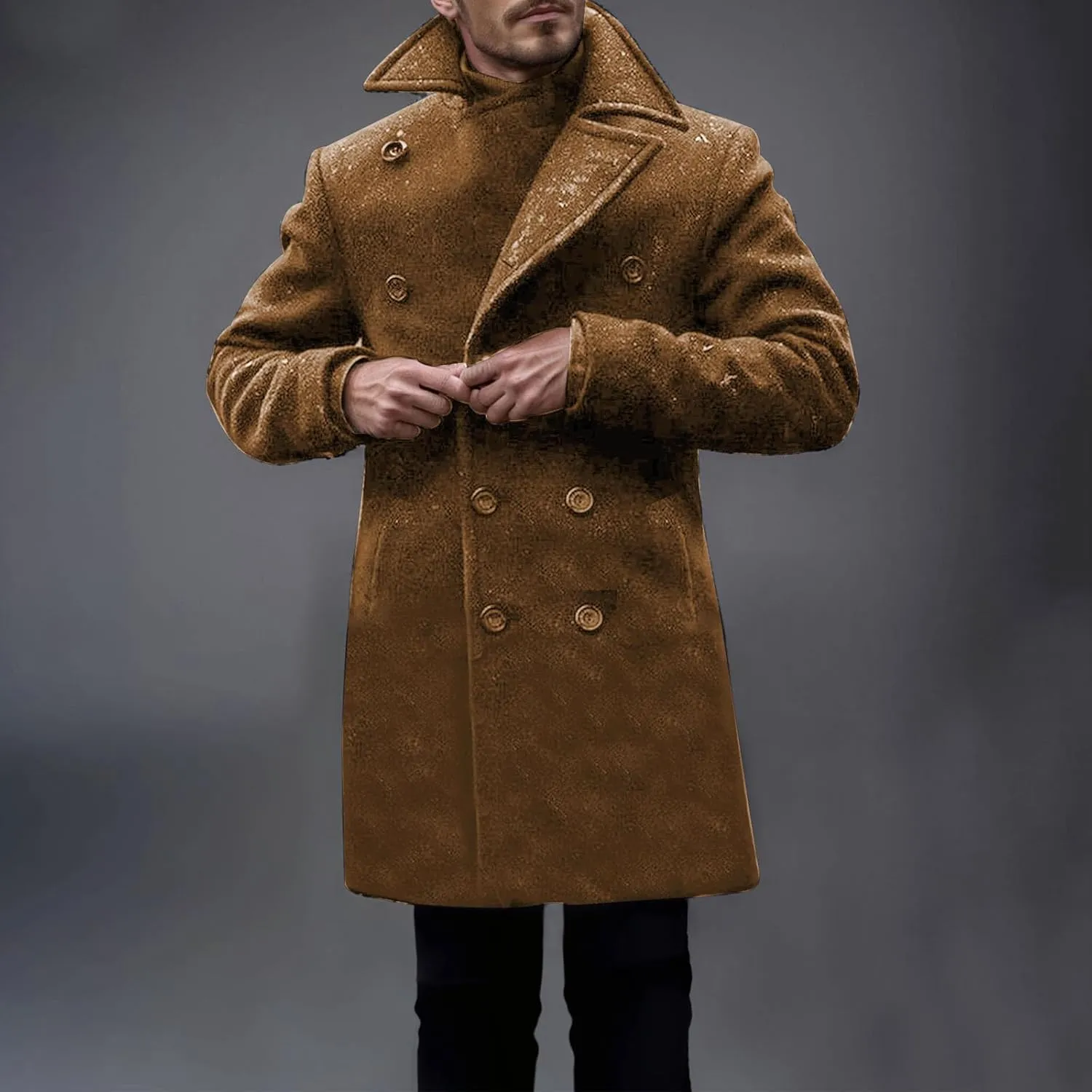 Trench Coat Men Business Trench Coat Mid Length Peacoat Notch Collar Jackets Button Down Open Front Cardigan