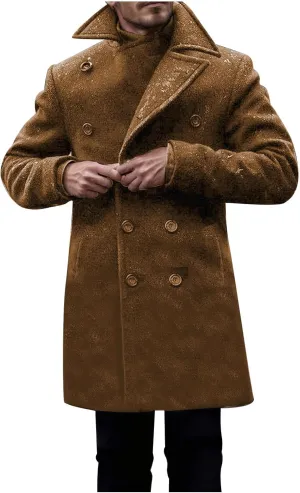Trench Coat Men Business Trench Coat Mid Length Peacoat Notch Collar Jackets Button Down Open Front Cardigan