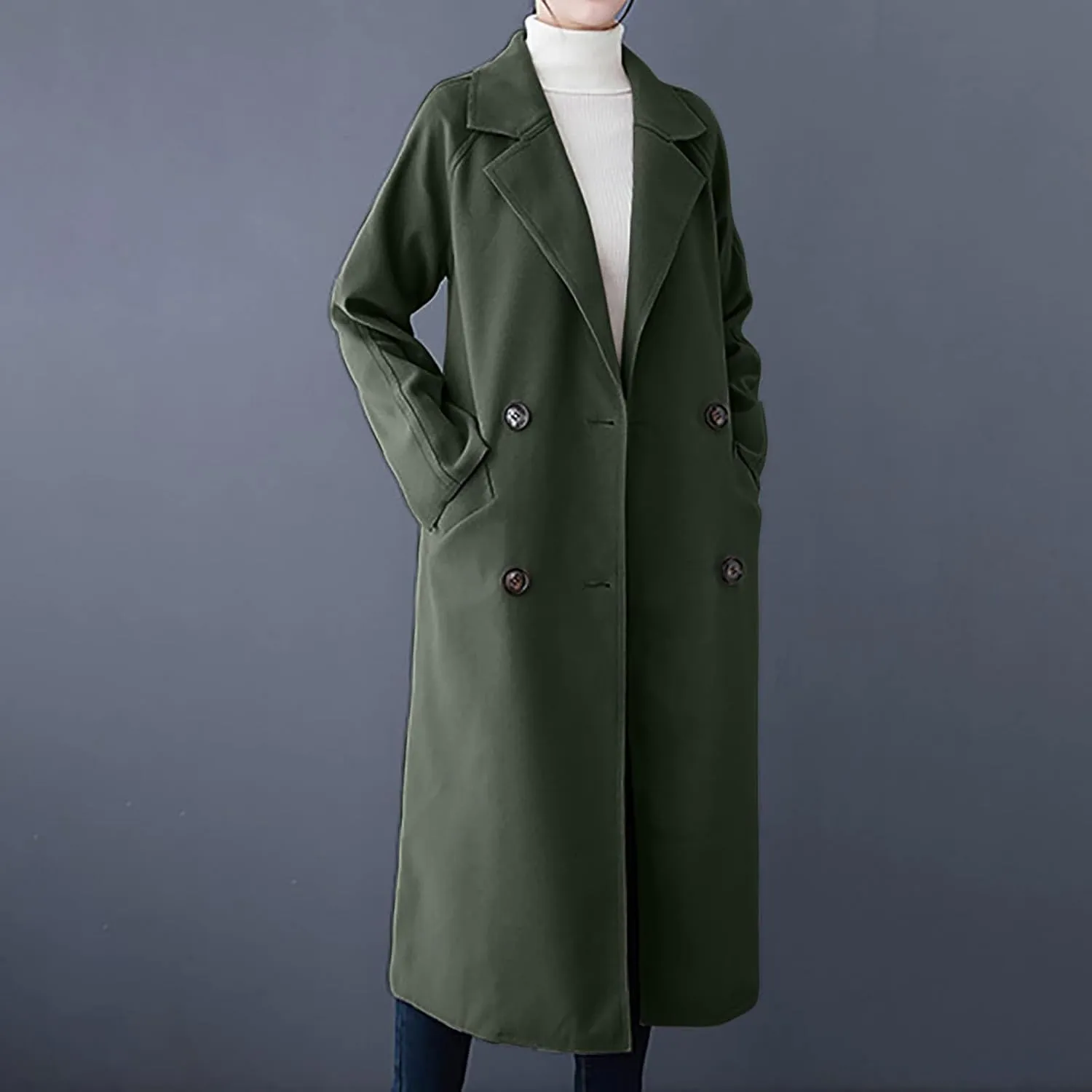 Trench Coat Women Double Breasted Lapel Collar Pea Coats Plus Size Long Winter Coats Casual Overcoat with Belt