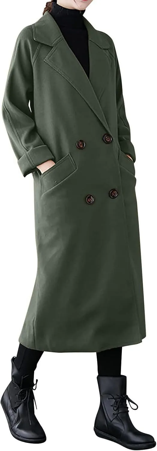 Trench Coat Women Double Breasted Lapel Collar Pea Coats Plus Size Long Winter Coats Casual Overcoat with Belt
