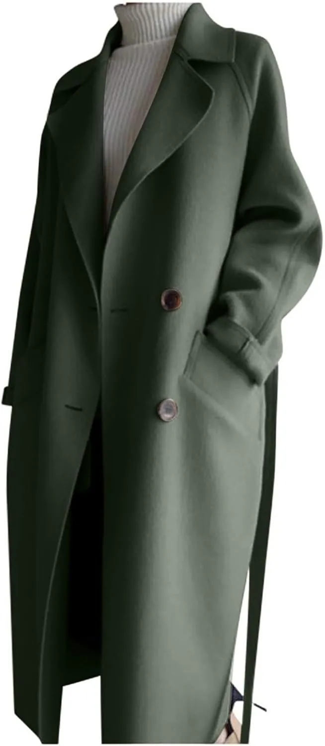 Trench Coat Women Double Breasted Lapel Collar Pea Coats Plus Size Long Winter Coats Casual Overcoat with Belt
