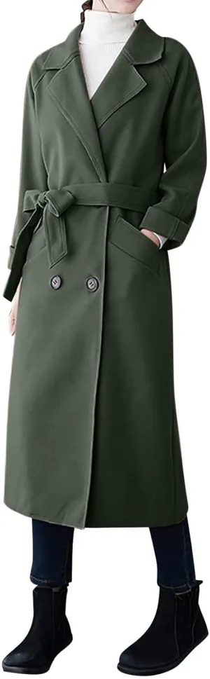 Trench Coat Women Double Breasted Lapel Collar Pea Coats Plus Size Long Winter Coats Casual Overcoat with Belt