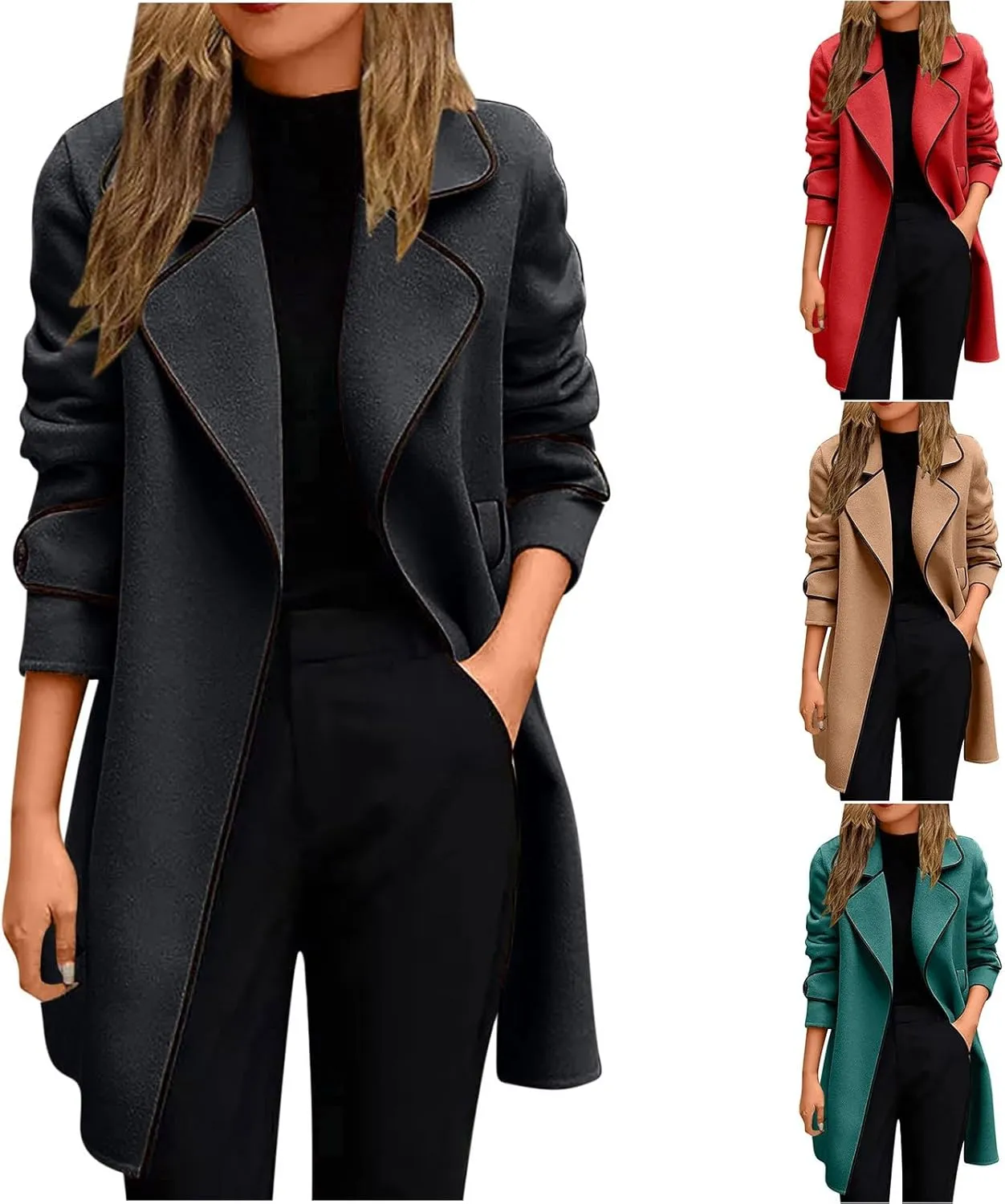 Trench Coat Women Long Double Breasted Pea Coats Casual Notch Lapel Collared Open Front Wool Coats Outwear