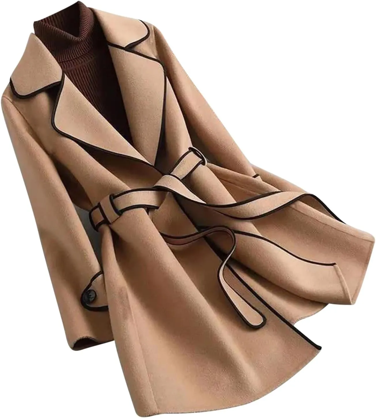 Trench Coat Women Long Double Breasted Pea Coats Casual Notch Lapel Collared Open Front Wool Coats Outwear