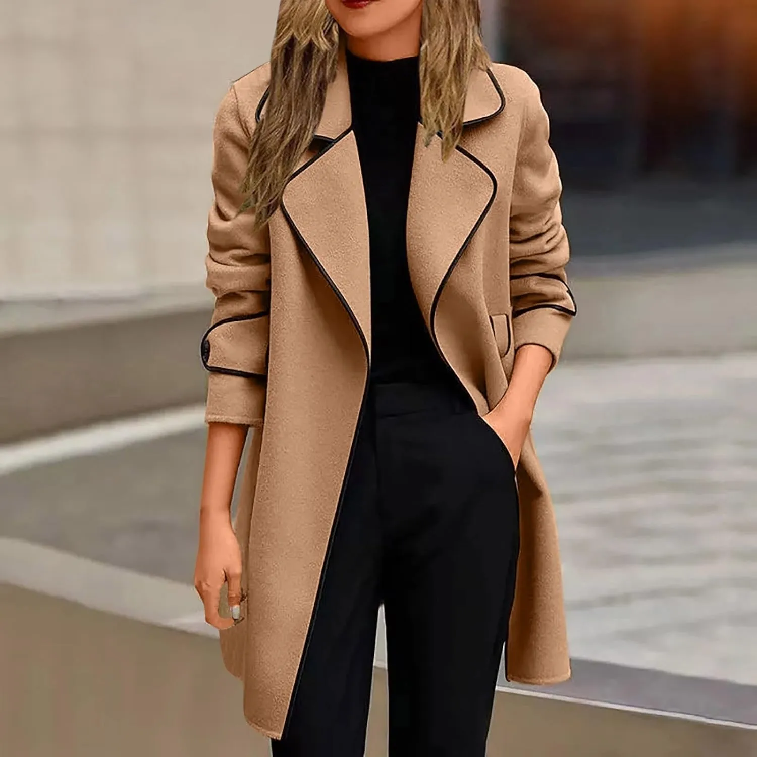 Trench Coat Women Long Double Breasted Pea Coats Casual Notch Lapel Collared Open Front Wool Coats Outwear