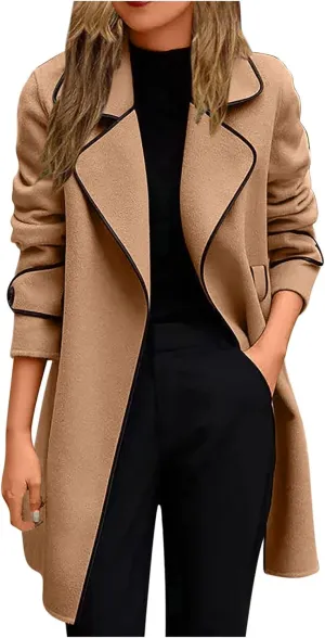 Trench Coat Women Long Double Breasted Pea Coats Casual Notch Lapel Collared Open Front Wool Coats Outwear