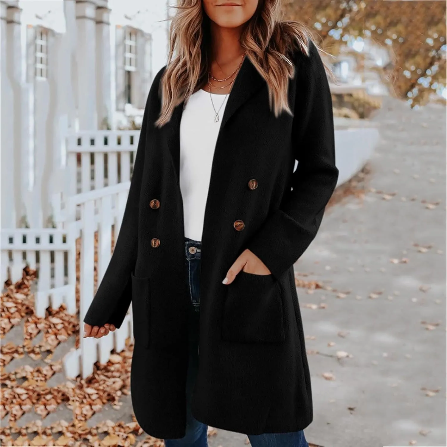 Trench Coat Women Mid Length Wool Coat Button Down Open Front Cardigan Elegant Coat Lapel Peacoat Fall Winter Jacket