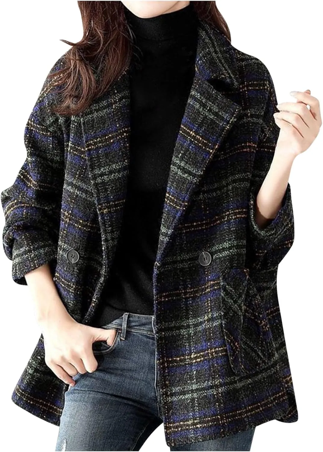 Trench Coat Women Plaid Single Breasted Coat Lapel Pea Coat Plus Size Wool Blend Coats Dressy Casual Jackets