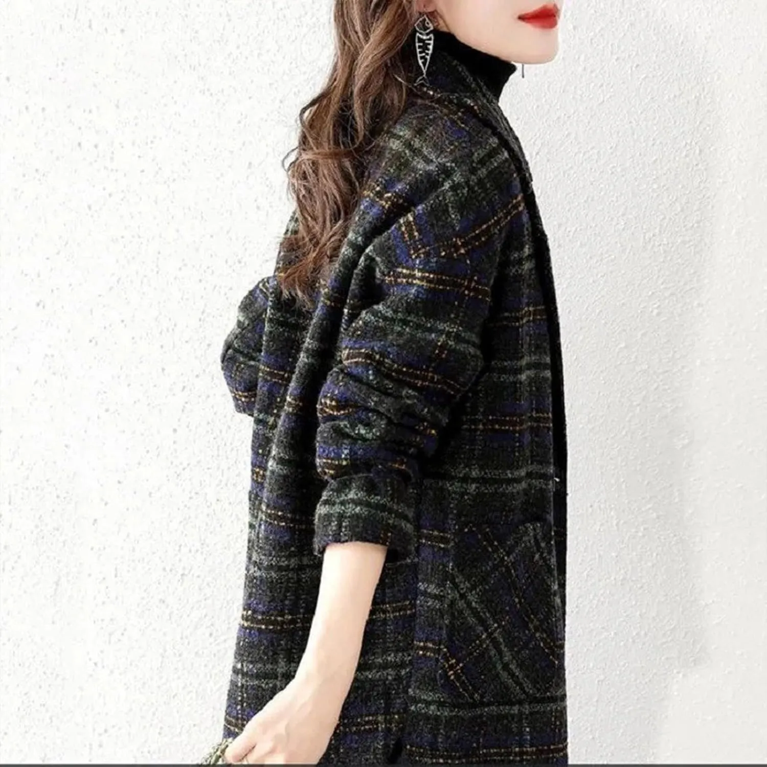 Trench Coat Women Plaid Single Breasted Coat Lapel Pea Coat Plus Size Wool Blend Coats Dressy Casual Jackets
