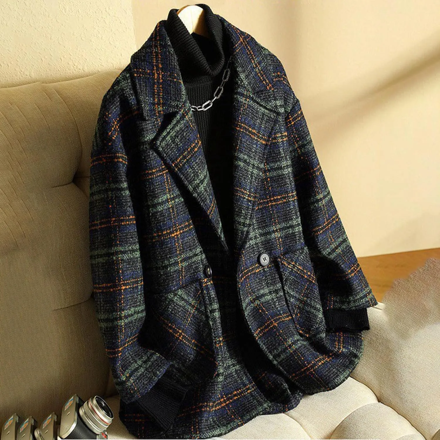 Trench Coat Women Plaid Single Breasted Coat Lapel Pea Coat Plus Size Wool Blend Coats Dressy Casual Jackets