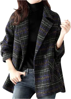 Trench Coat Women Plaid Single Breasted Coat Lapel Pea Coat Plus Size Wool Blend Coats Dressy Casual Jackets