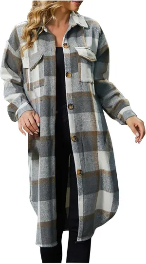 Trench Coat Women Plaid Wool Blend Coat Single Breasted Long Coat Plus Size Pea Coat Trendy Winter Coats with Pockets