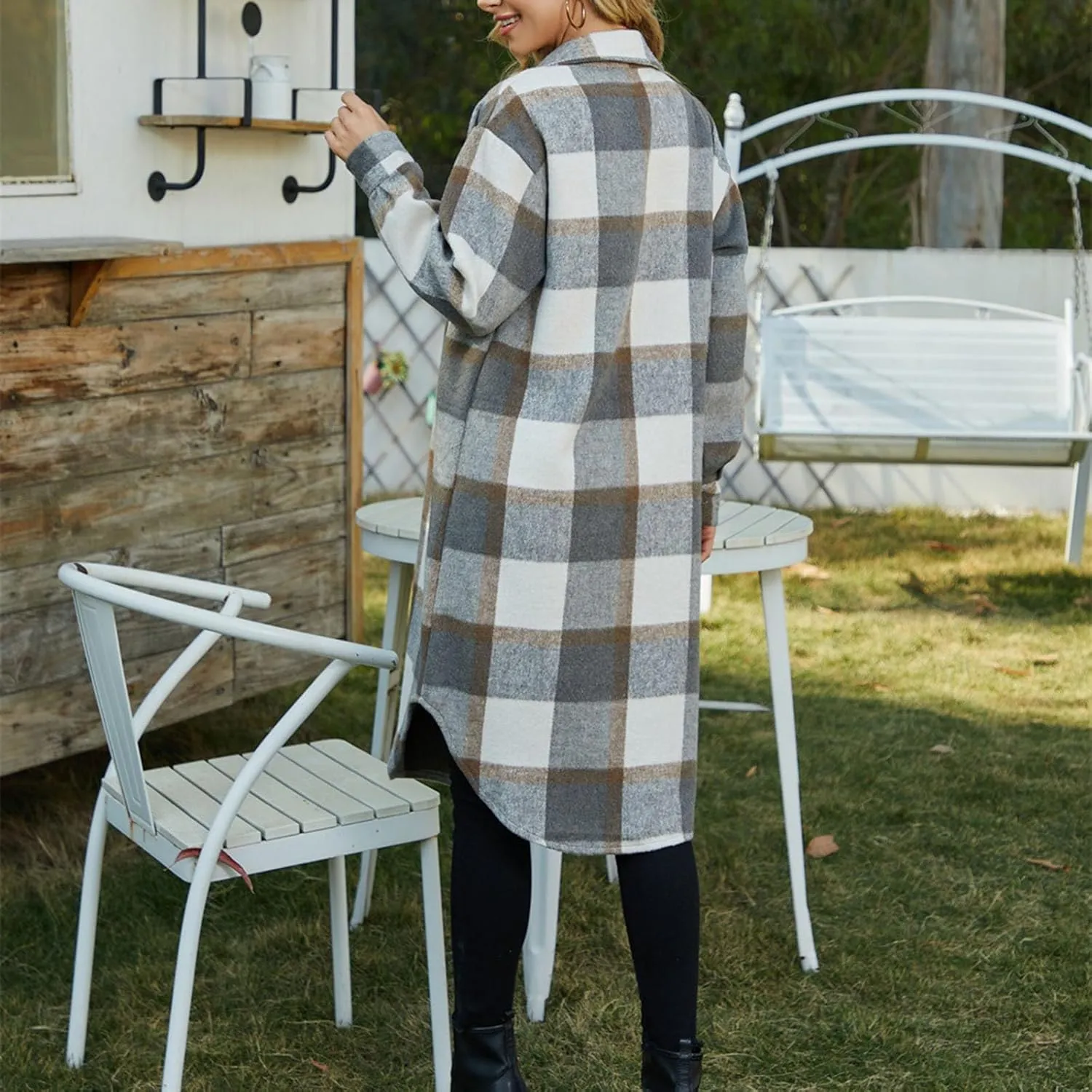 Trench Coat Women Plaid Wool Blend Coat Single Breasted Long Coat Plus Size Pea Coat Trendy Winter Coats with Pockets