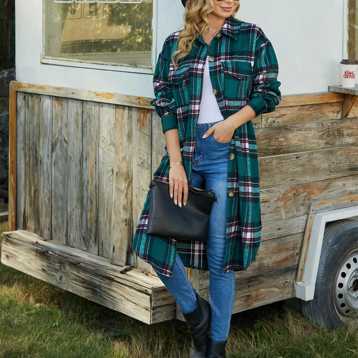 Trench Coat Women Plaid Wool Blend Coat Single Breasted Long Coat Plus Size Pea Coat Trendy Winter Coats with Pockets