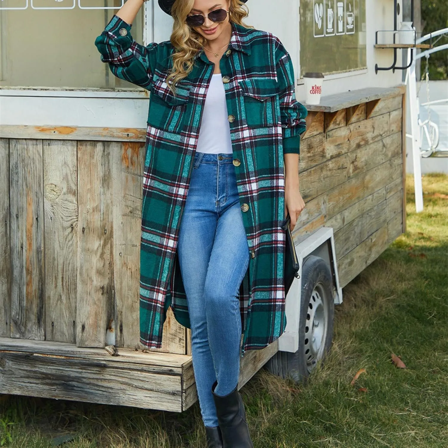 Trench Coat Women Plaid Wool Blend Coat Single Breasted Long Coat Plus Size Pea Coat Trendy Winter Coats with Pockets