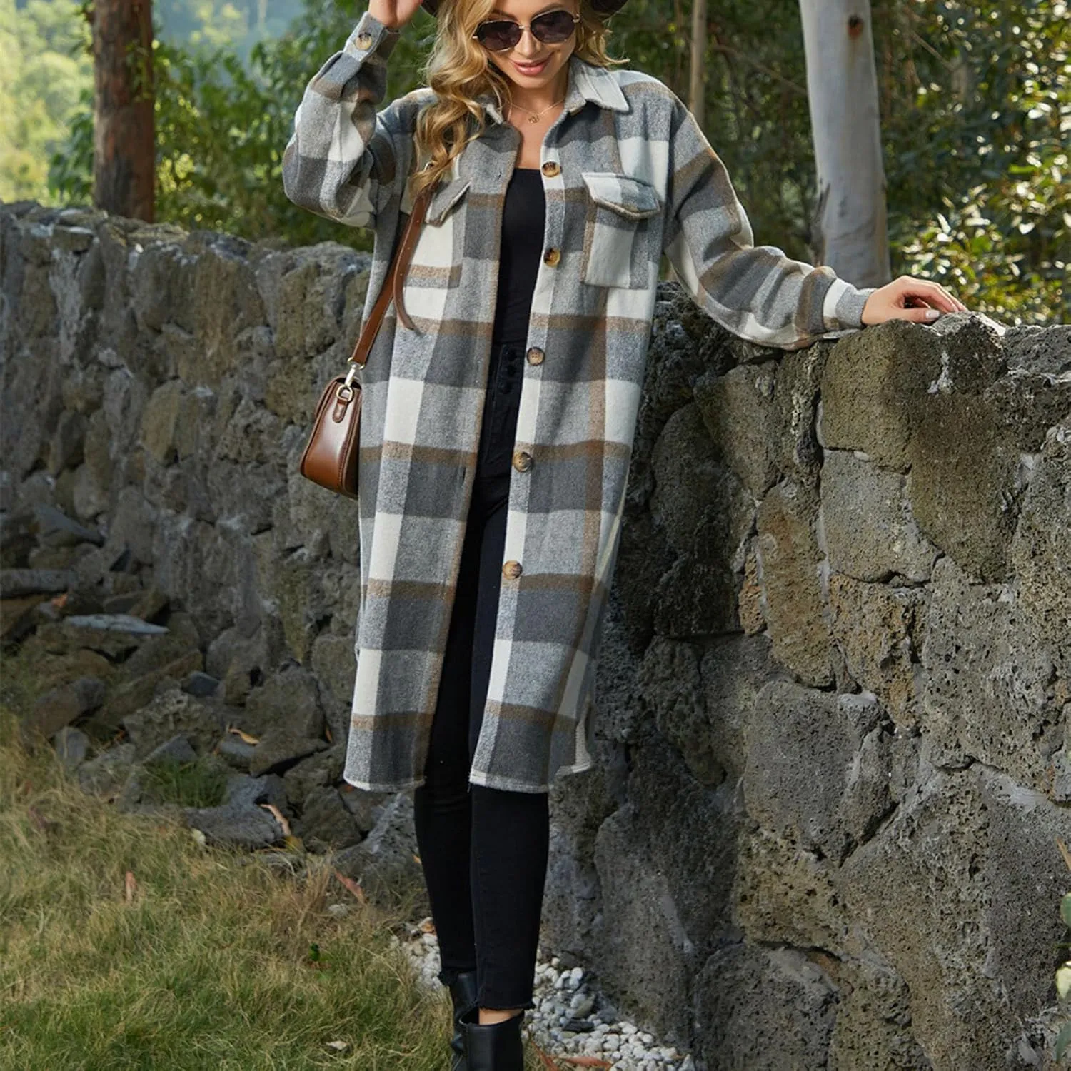 Trench Coat Women Plaid Wool Blend Coat Single Breasted Long Coat Plus Size Pea Coat Trendy Winter Coats with Pockets