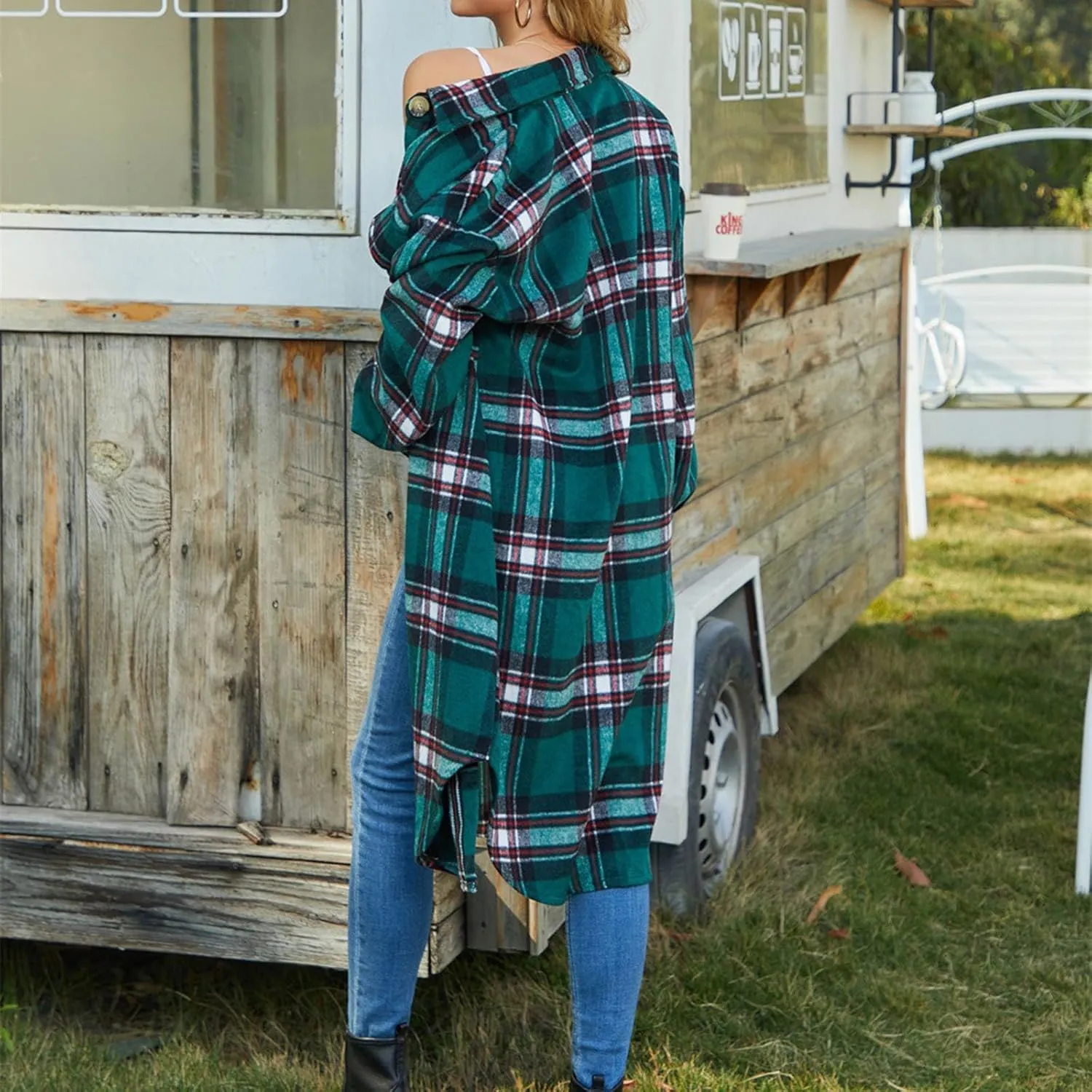 Trench Coat Women Plaid Wool Blend Coat Single Breasted Long Coat Plus Size Pea Coat Trendy Winter Coats with Pockets