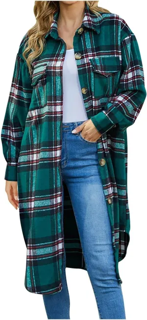 Trench Coat Women Plaid Wool Blend Coat Single Breasted Long Coat Plus Size Pea Coat Trendy Winter Coats with Pockets