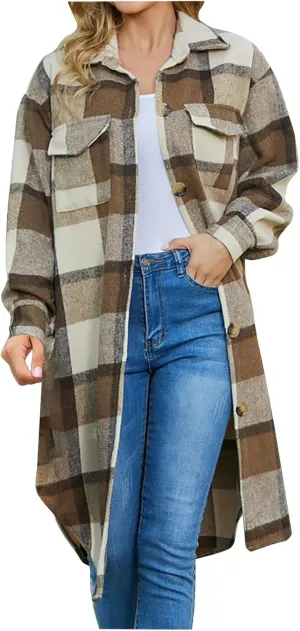 Trench Coat Women Plaid Wool Blend Coat Single Breasted Long Coat Plus Size Pea Coat Trendy Winter Coats with Pockets