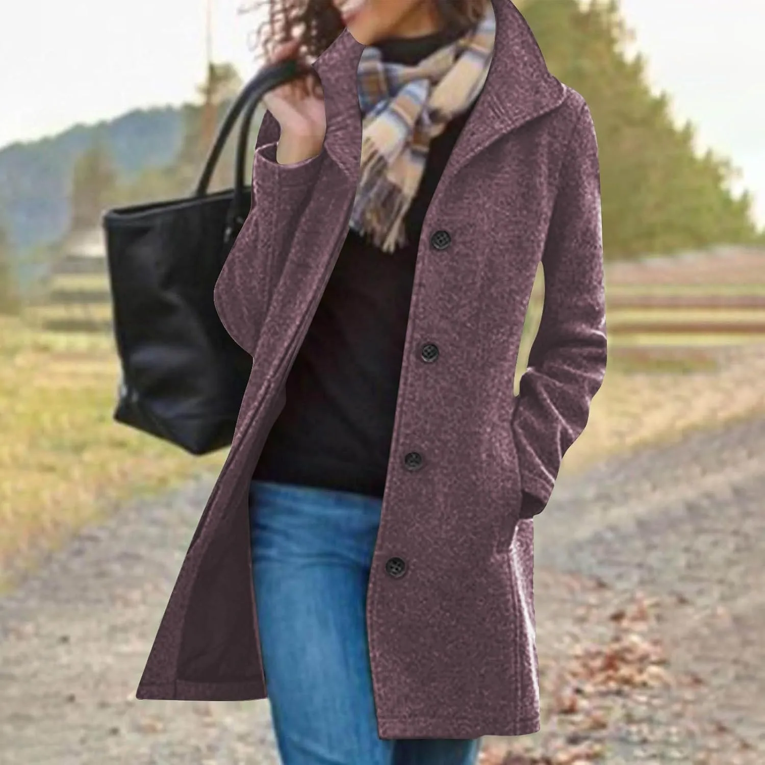 Trench Coat Women Single Breasted Long Coat Wool Blend Peacoat Plus Size Dressy Jackets Casual Fall Winter Coats