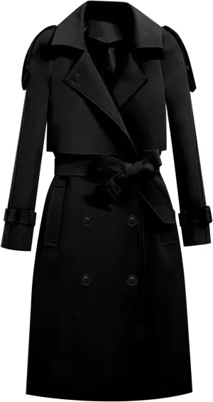 Trench Coats Womens, Long Double Breasted Knitted Outerwear Classic Lapel Overcoats Windproof Jacket with Belt