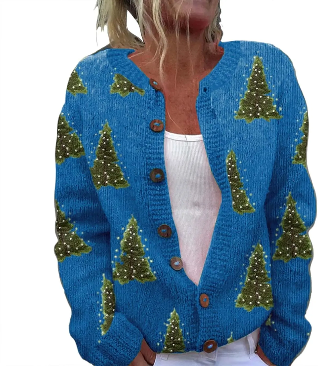 Ugly Christmas Sweater for Women Cute Xmas Open Front Button Down Sweater Cardigans Knitted Fall Outfit Winter Coat