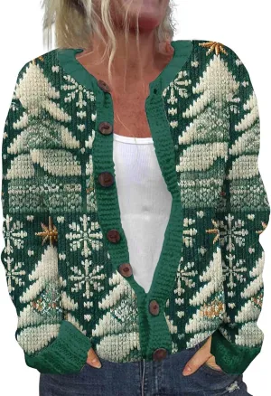 Ugly Christmas Sweater for Women Cute Xmas Open Front Button Down Sweater Cardigans Knitted Fall Outfit Winter Coat