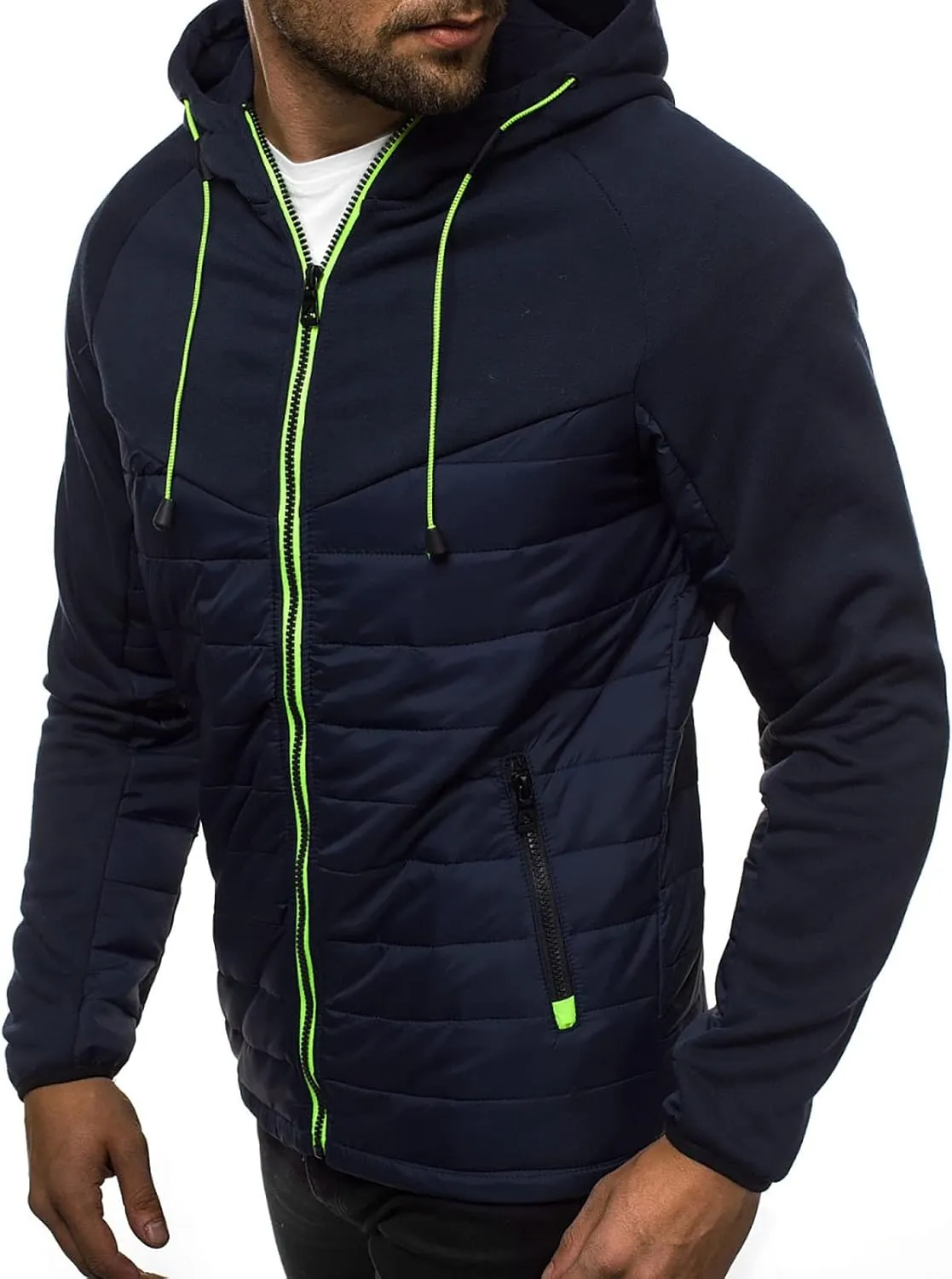 Warm Hoodies For Men Zip Up Hoodies Slim Fit Color Block Quilted Sweatshirts Jacket With Zipper Pockets
