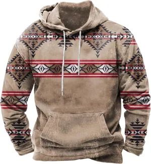 Western Aztec Graphic Men's Vintage Casual Sweatshirt Pullover Tops for Fall & Winter