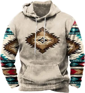 Western Aztec Graphic Men's Vintage Casual Sweatshirt Pullover Tops for Fall & Winter
