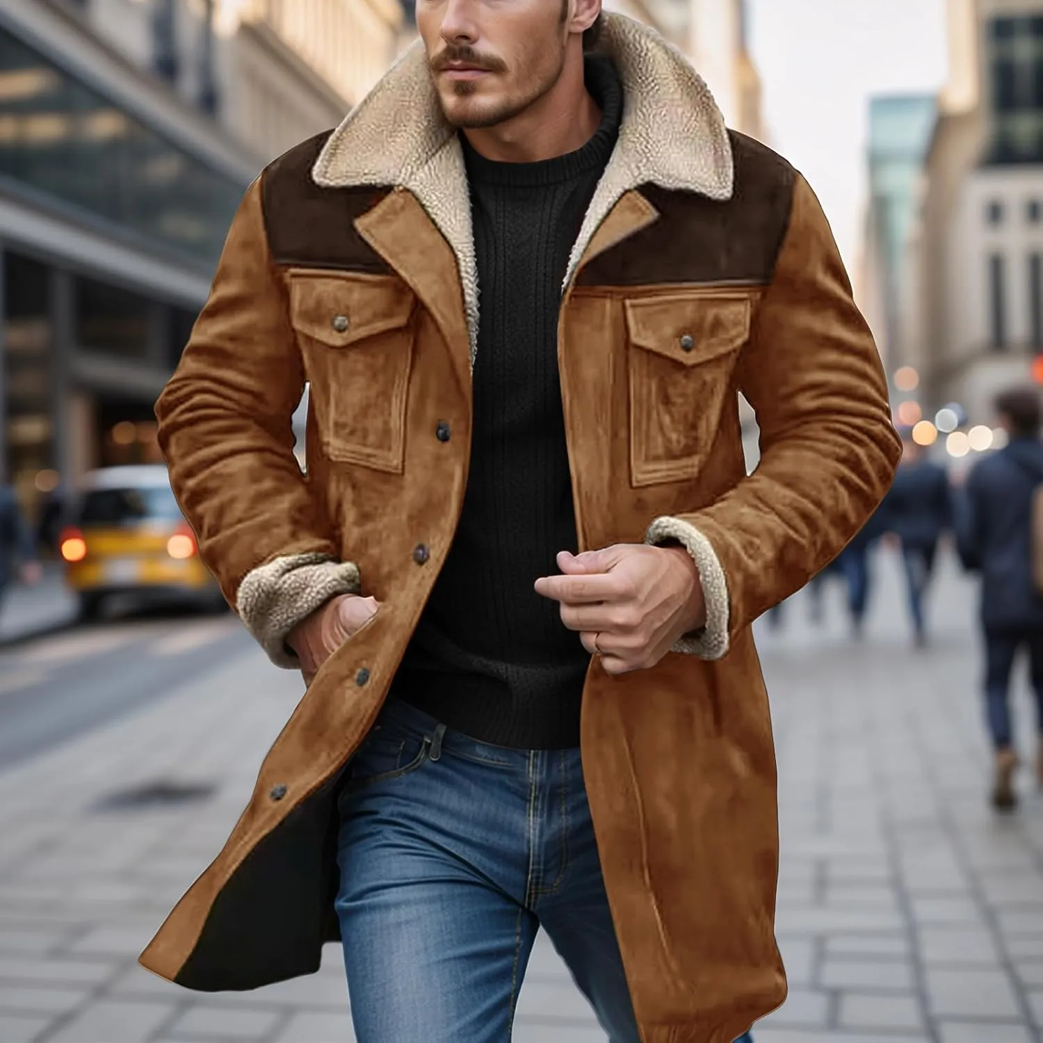 Western Jackets for Men Vintage Suede Leather Jacket Plush Reversed Collar Winter Warm Long Coats Trench Coat Outwear