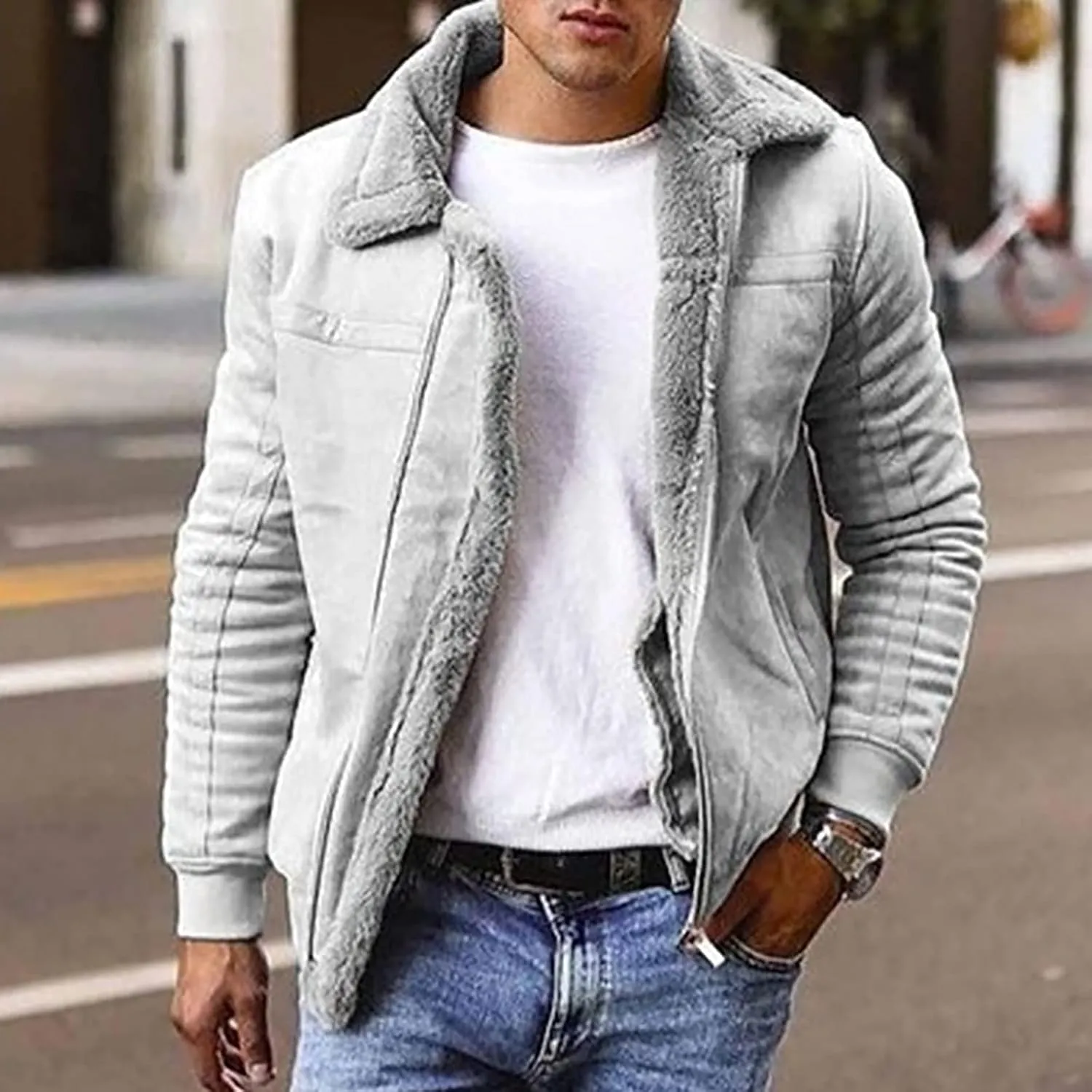 Winter Coats for Men Vintage Suede Faux Fur Jacket Lapel Sherpa Lined Coat Bomber Leather Flying Aviator Jacket Outwear