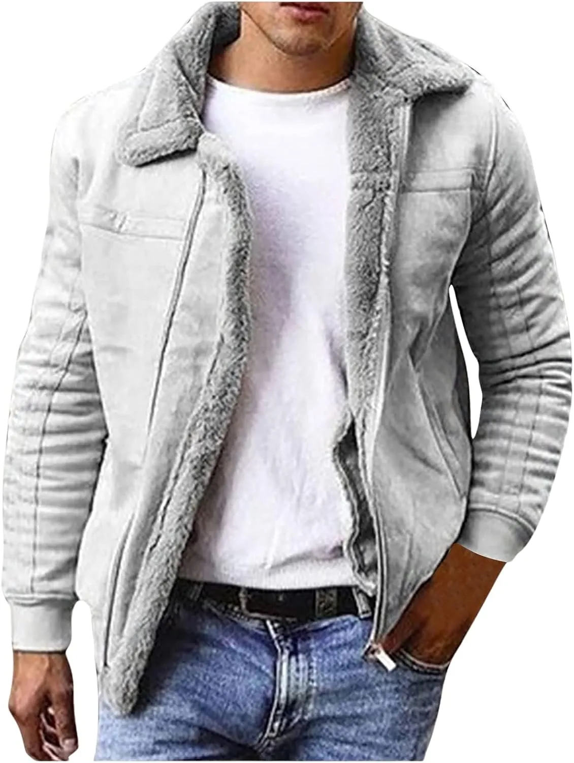 Winter Coats for Men Vintage Suede Faux Fur Jacket Lapel Sherpa Lined Coat Bomber Leather Flying Aviator Jacket Outwear
