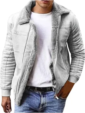 Winter Coats for Men Vintage Suede Faux Fur Jacket Lapel Sherpa Lined Coat Bomber Leather Flying Aviator Jacket Outwear