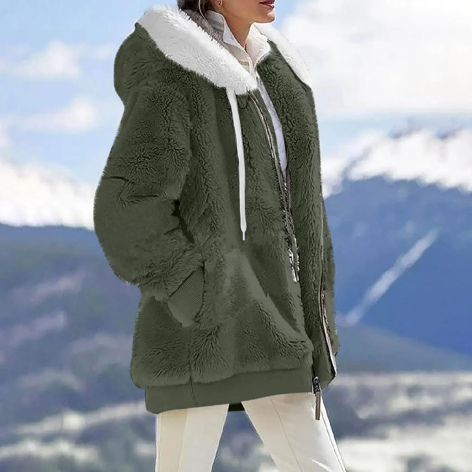 Winter Coats for Women Hooded Sherpa Jacket Fleece Oversized Trendy Color Block Jackets Warm Outerwear 2024