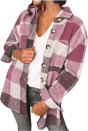 Winter Coats for Women Long Sleeve Plaid Shirts Flannel Lapel Button Down Casual Jacket Loose Outfit Coats