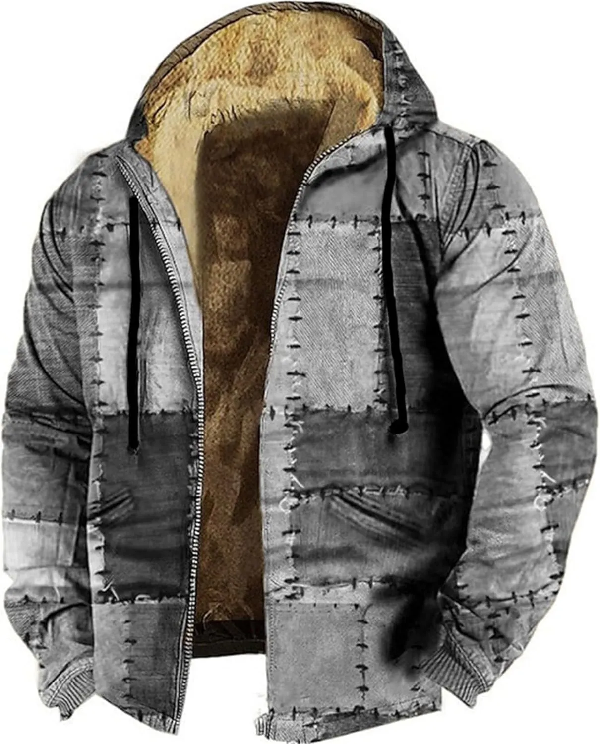 Winter Hooded Jackets for Men Heavyweight Fleece Warm Soft Color Block Hoodies Zip Up Thick Sherpa Lined Coat Outwear