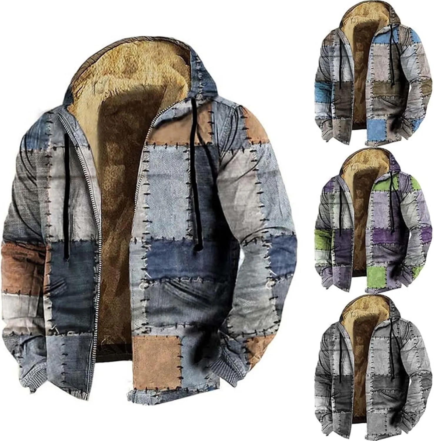 Winter Hooded Jackets for Men Heavyweight Fleece Warm Soft Color Block Hoodies Zip Up Thick Sherpa Lined Coat Outwear