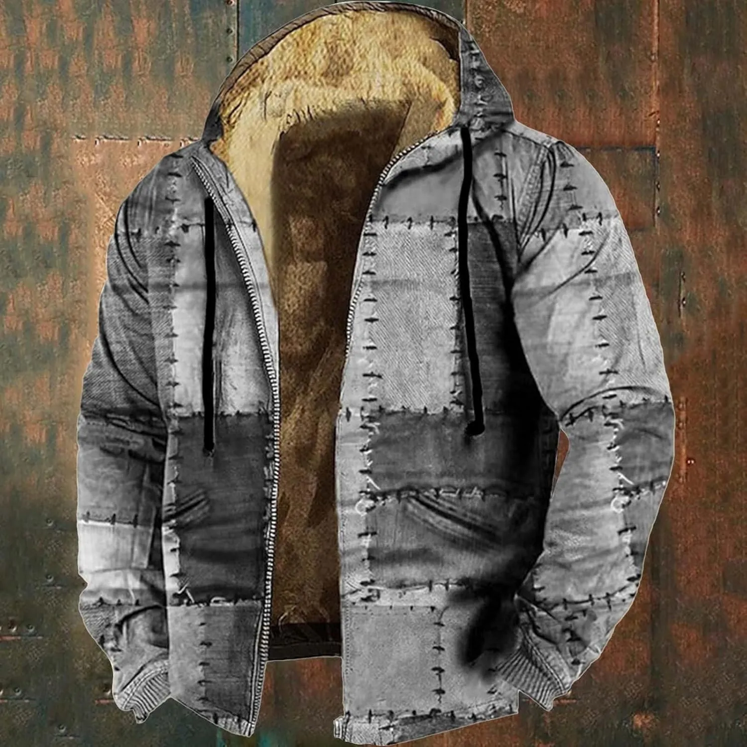 Winter Hooded Jackets for Men Heavyweight Fleece Warm Soft Color Block Hoodies Zip Up Thick Sherpa Lined Coat Outwear