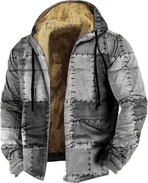 Winter Hooded Jackets for Men Heavyweight Fleece Warm Soft Color Block Hoodies Zip Up Thick Sherpa Lined Coat Outwear
