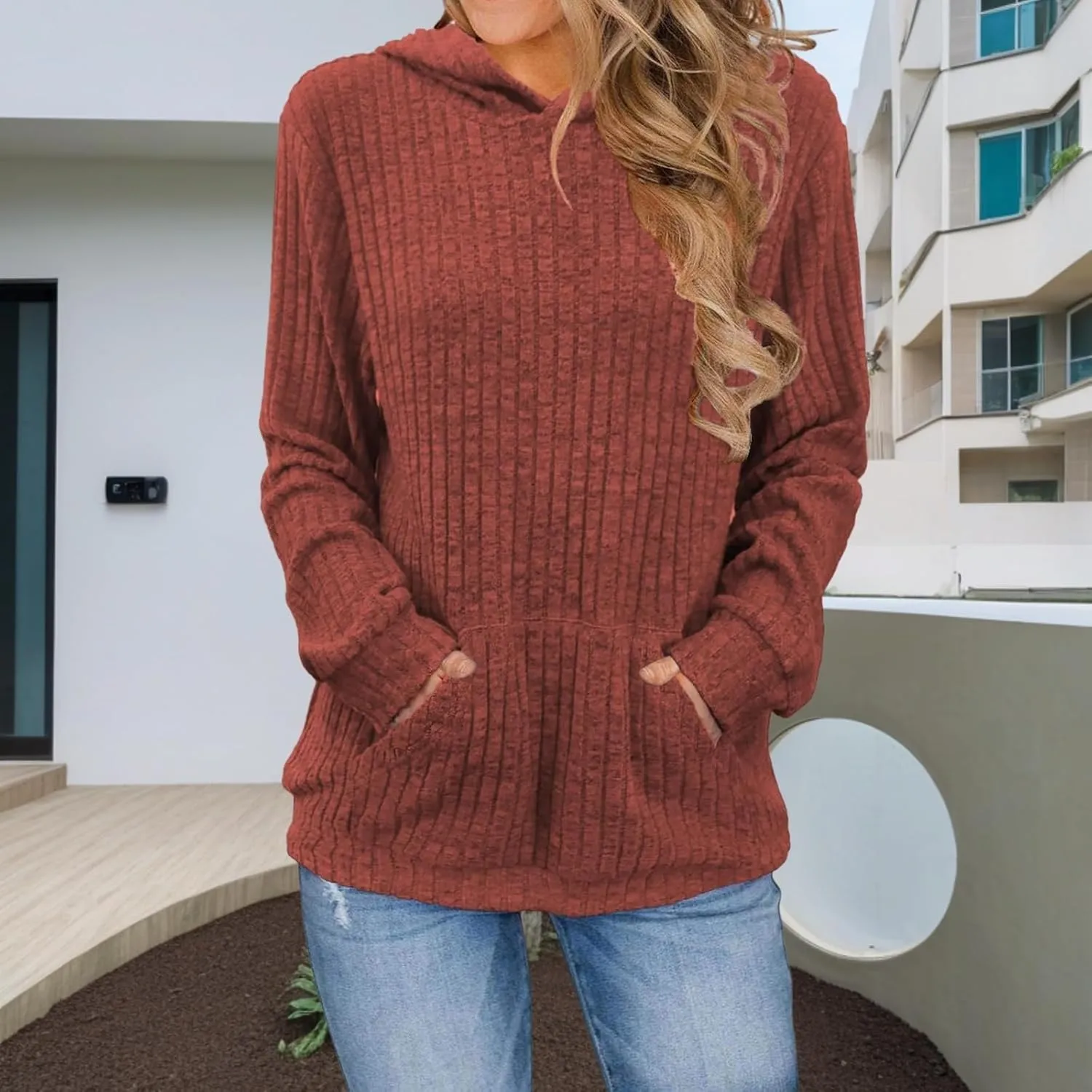 Winter Striped Hooides for Women Casual Loose Solid Hooded Long Sleeve Knitted Textured T Shirts Loose Thick Sweater
