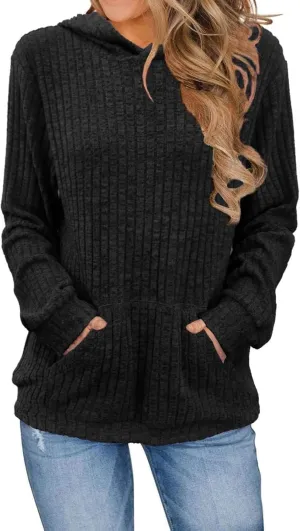 Winter Striped Hooides for Women Casual Loose Solid Hooded Long Sleeve Knitted Textured T Shirts Loose Thick Sweater
