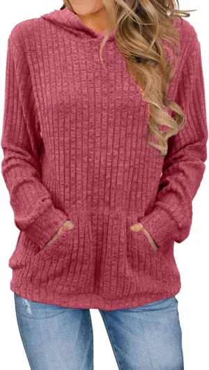 Winter Striped Hooides for Women Casual Loose Solid Hooded Long Sleeve Knitted Textured T Shirts Loose Thick Sweater
