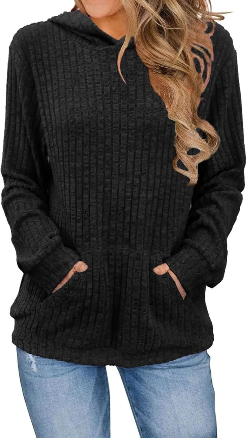 Winter Striped Hooides for Women Casual Loose Solid Hooded Long Sleeve Knitted Textured T Shirts Loose Thick Sweater